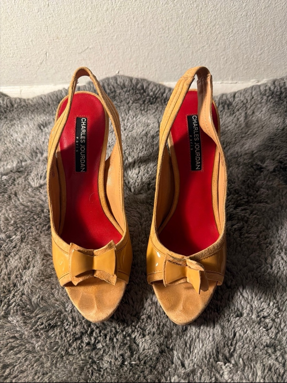 Charles Jourdan Yellow Bow Peep-Toe Slingback Heels